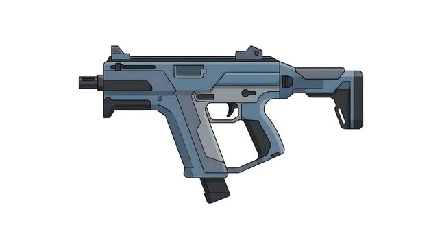 A sleek, futuristic-style submachine gun illustration with a unique frame and integrated grip, featuring a cool blue and grey color palette.