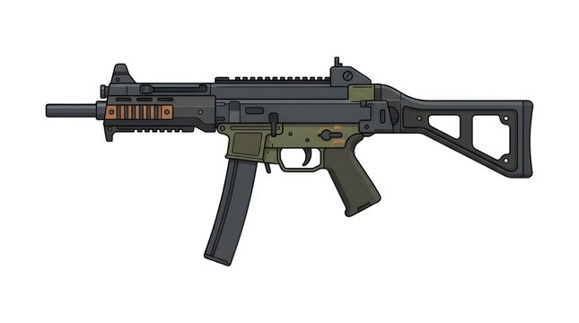 High-quality vector illustration of a modern polymer-frame submachine gun with tactical rails and a skeletonized stock.