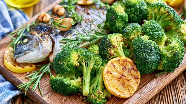 Delicious baked fish with roasted broccoli and lemon slices on a wooden board