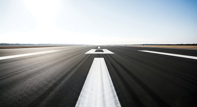 Perspective View of an Airport Runway with Clear Sky and Bright Sunlight.