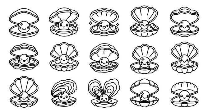Charming kawaii oyster and pearl set black and white line art illustrations for design projects