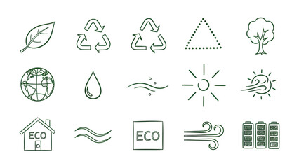 Fototapeta premium Eco-Friendly Symbols: A collection of meticulously crafted line art icons that perfectly encapsulate the essence of environmental protection and sustainable living.