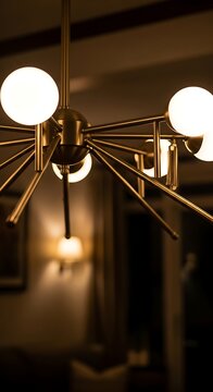 Modern brass chandelier with spherical glass bulbs in a dimly lit room.