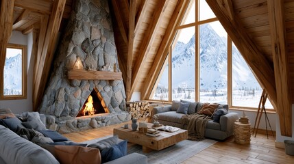 Naklejka premium Cozy mountain cabin living room with stone fireplace and large windows overlooking snowy peaks