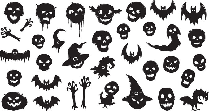 Spooky halloween monsters skulls bats witch hats icons set