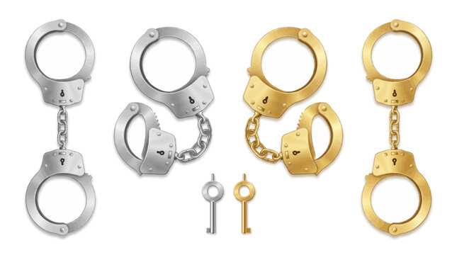 Handcuffs and keys on a white background, with silver and gold metal restraints.