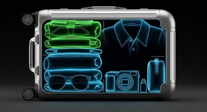 X-ray view of a suitcase revealing travel essentials and clothing items.