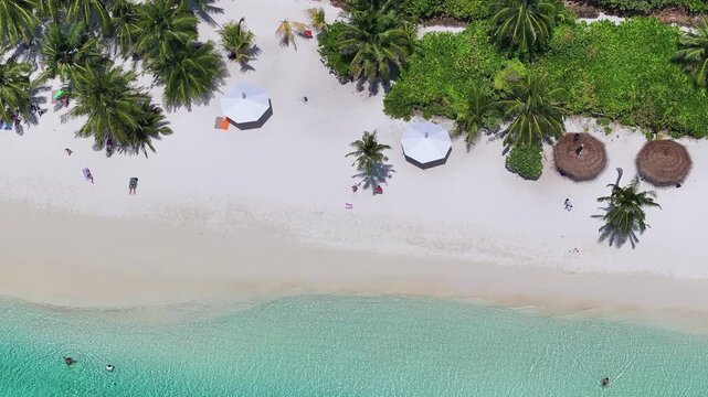 Aerial view of people sunbathing and swimming on a tropical white sand beach with palm trees and white umbrellas in Thoddoo, Alif Alif Atoll, Maldives.
