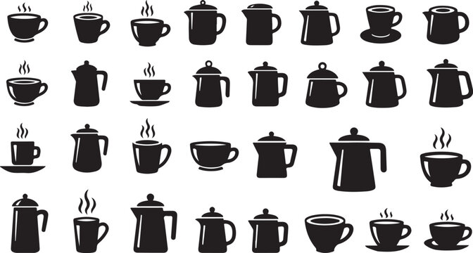Hot coffee tea cups mugs pots silhouettes vector