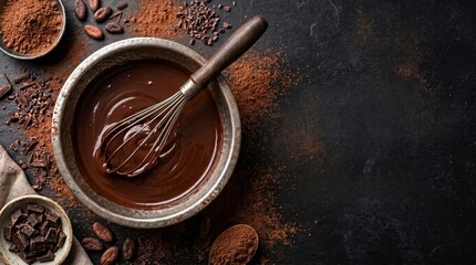 Fototapeta premium world chocolate day background with melted chocolate and whisk