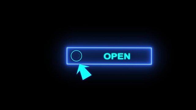 Glowing neon blue color white text cursor animation pointing towards open button in looping with transparent background.