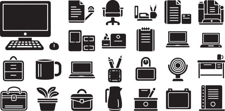 Office supplies and equipment silhouette icons set