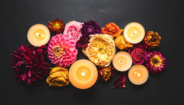 Arrangement of lit candles and vibrant autumnal flowers in rich jewel tones on a dark textured background