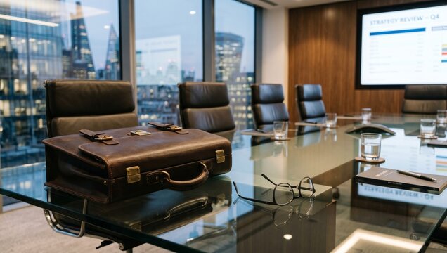 Executive briefcase on a glass table in a high-rise boardroom with city