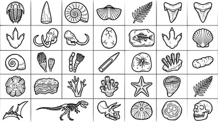 Black and White Line Art Collection of Fossils and Prehistoric Objects © victoria
