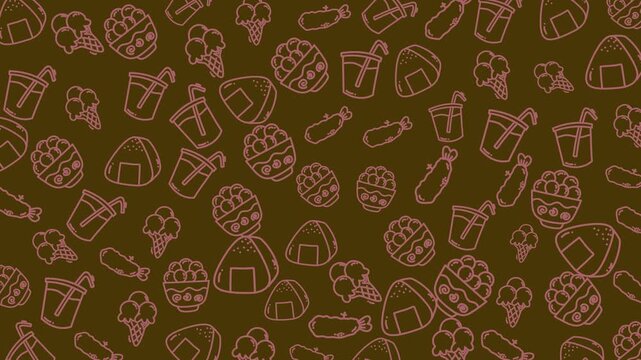 Food doodle patterned background great for food blogs, menus, and kitchen decor. Features delightful food and drink items creatively illustrated.