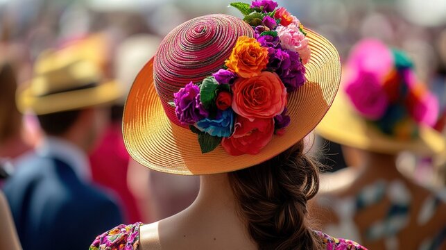 close up, rear view of a woman wearing a vibrant orange straw hat with a broad brim, adorned with an elaborate arrangement of colorful artificial flowers