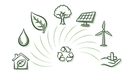 Naklejka premium Eco-Friendly Ecosystem: A cohesive illustration showcases the core components of an eco-conscious lifestyle, presenting a harmonious blend of sustainable practices and renewable resources