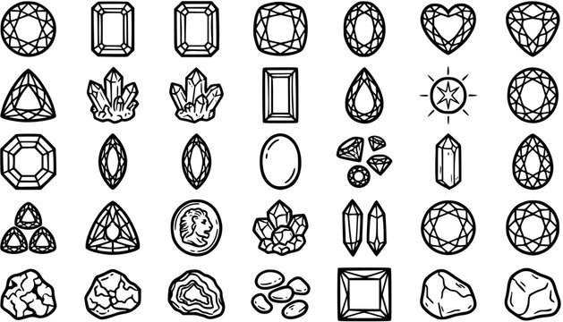 Gemology and Jewelry Line Art Icon Set featuring various faceted gemstones, raw minerals, and crystal clusters in outline style.