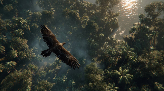 Majestic eagle flying above dense tropical rainforest in cinematic sunlight and mist ideal for wildlife documentaries and nature concepts