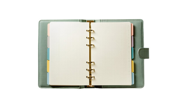 Open green leather binder with blank grid pages and colorful dividers, isolated on transparent background