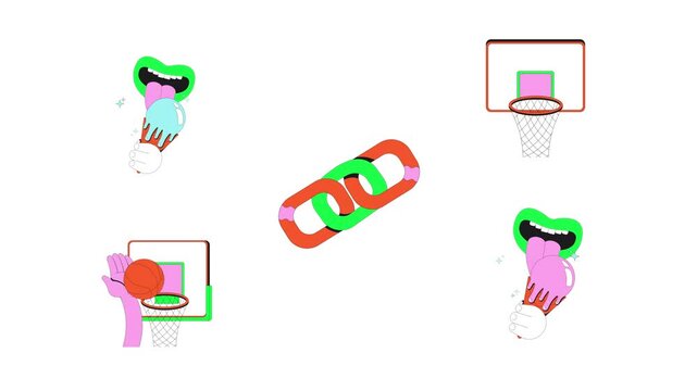 Funky lifestyle and sports flash messages animation pack. Mouth licking ice cream. Slam dunk. Animated error success states. UI done fail web design. Onboarding micro UX motion. Flat concepts 4K video
