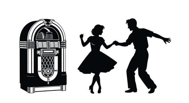 Vintage jukebox and dancing couple in black silhouette high quality professional