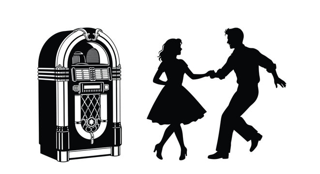 Vintage jukebox and dancing couple silhouette high quality professional detailed modern