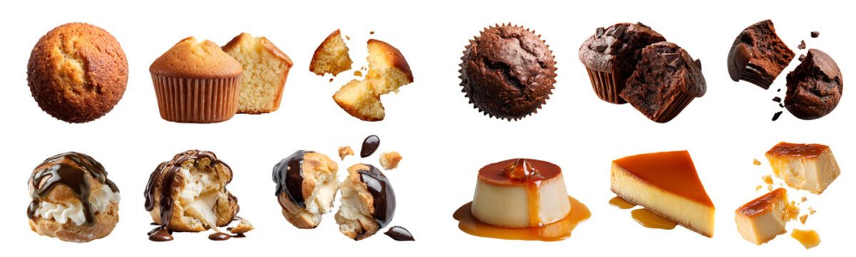 4 bread cake sweet pastry set. Profiterole Cream Puff with ganache Caramel flan pudding custard, Basic and chocolate cocoa muffin, whole bitten broken, transparent cutout PNG mockup for design