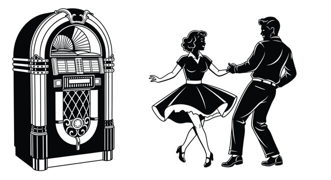 Vintage jukebox and dancing couple illustration black and white silhouette