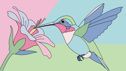 Naklejka premium Hummingbird Feeding on Flower, Geometric Style, Pastel Colors