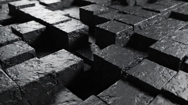 Abstract 3d Render Of Dark Textured Blocks Moving Dynamically In A High Contrast Grayscale Animation