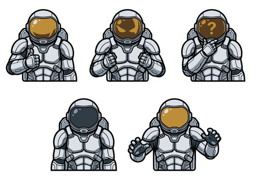 Astronauts in Space Suits Display Various Emotions and Gestures on Their Helmets
