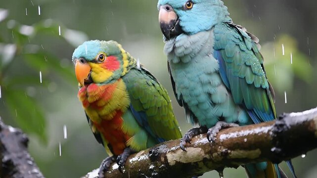 Colorful birds sit on a branch while rain falls in a tropical forest near a river during the day