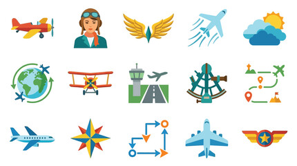 Set of aviation and flight icons, including airplanes, pilots, navigation, and travel elements. © GJ