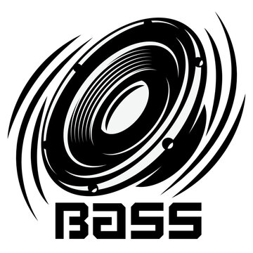 Dynamic Bass Speaker with Swirling Sound Waves, a Powerful Black and White Audio Technology Logo.