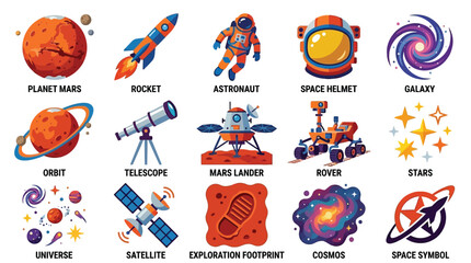 Space exploration vector icons set with planets, rockets, astronauts, and celestial bodies for cosmic adventures. © GJ