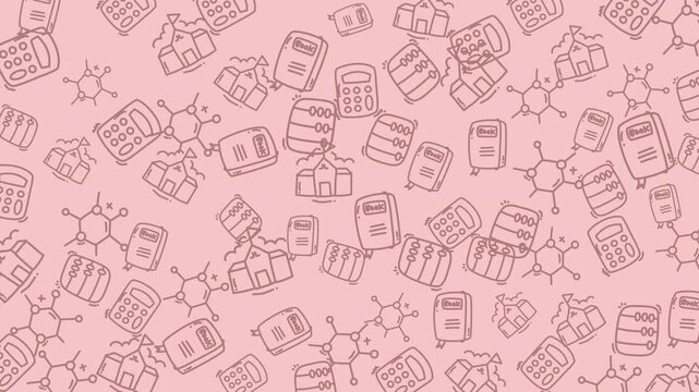 Education doodles showcase scientific and academic concepts on a pink backdrop, perfect for school materials, presentations, and educational projects.