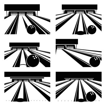 Bowling Alley Lanes with Pins and Ball - Set of 6 Vector Illustrations