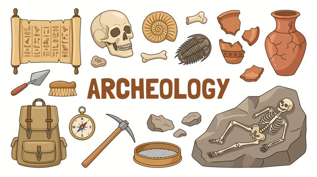 Flat lay of various archeology tools and artifacts on a white background