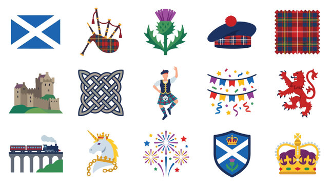 Collection of Scottish cultural symbols and traditional elements, including flag, castle, and thistle.