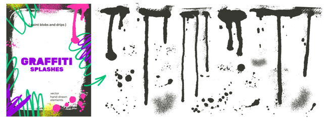 Spray paint drip and splash elements for school and street art design. Black ink spray with blob silhouettes, splatter drips and grunge dots. Hand drawn vector set of raw stains and streaks. © Syuzann q