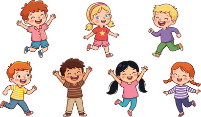 Happy cartoon children jumping and running collection isolated on background playful kids vector illustration © Sabbir