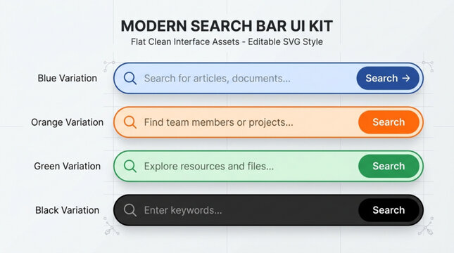 Modern search bar ui kit with blue, orange, green, and black variations for web and mobile applications