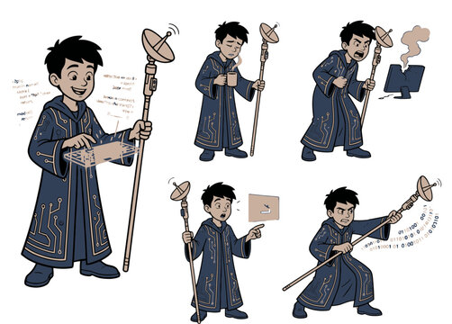 A cartoon character in a blue robe holds various magical staffs and interacts with digital devices in different poses.