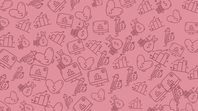 Finance doodle with playful pink background of financial and lovethemed illustrations. Ideal for budgeting or romantic financial concepts.