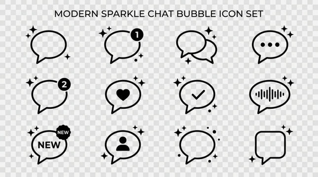 Modern sparkle chat bubble icon set with various speech bubbles and symbols