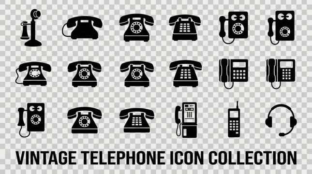 Vintage telephone icon collection with various black telephones