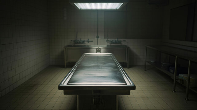 Empty stainless steel autopsy table in a dimly lit morgue with medical equipment