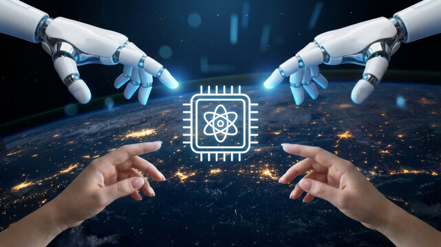 Quantum computing network security robot hand chip earth technology quantum computing concept, robot hand plus. Quantum computing network security encryption future protection innovation
